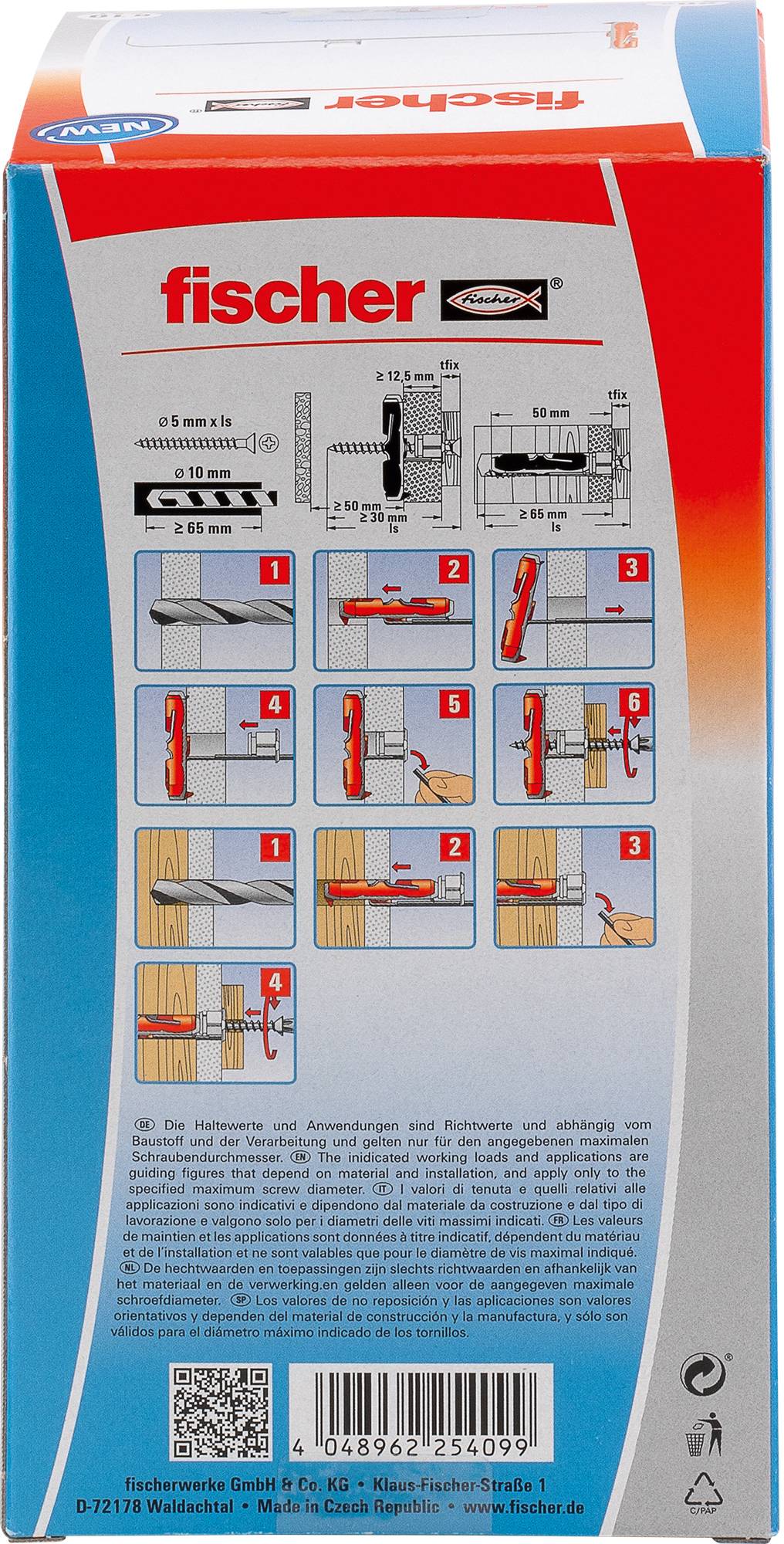 The image shows a package for Fischer anchors featuring instructions. It includes step-by-step diagrams demonstrating the installation process.