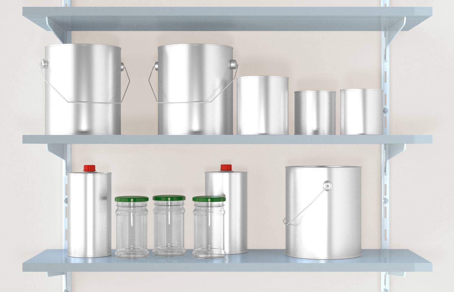 'Blue shelves holding various-sized silver paint cans and three clear jars with green lids, organized neatly against a light wall.'