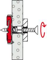 Illustration of a toggle bolt securing a panel, with an arrow indicating the clockwise rotation required to tighten the bolt.