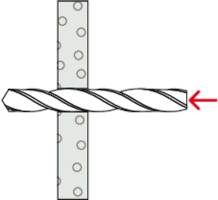 A drill bit is shown penetrating a surface dotted with circles, with a red arrow indicating the direction of the drill's movement to the right.