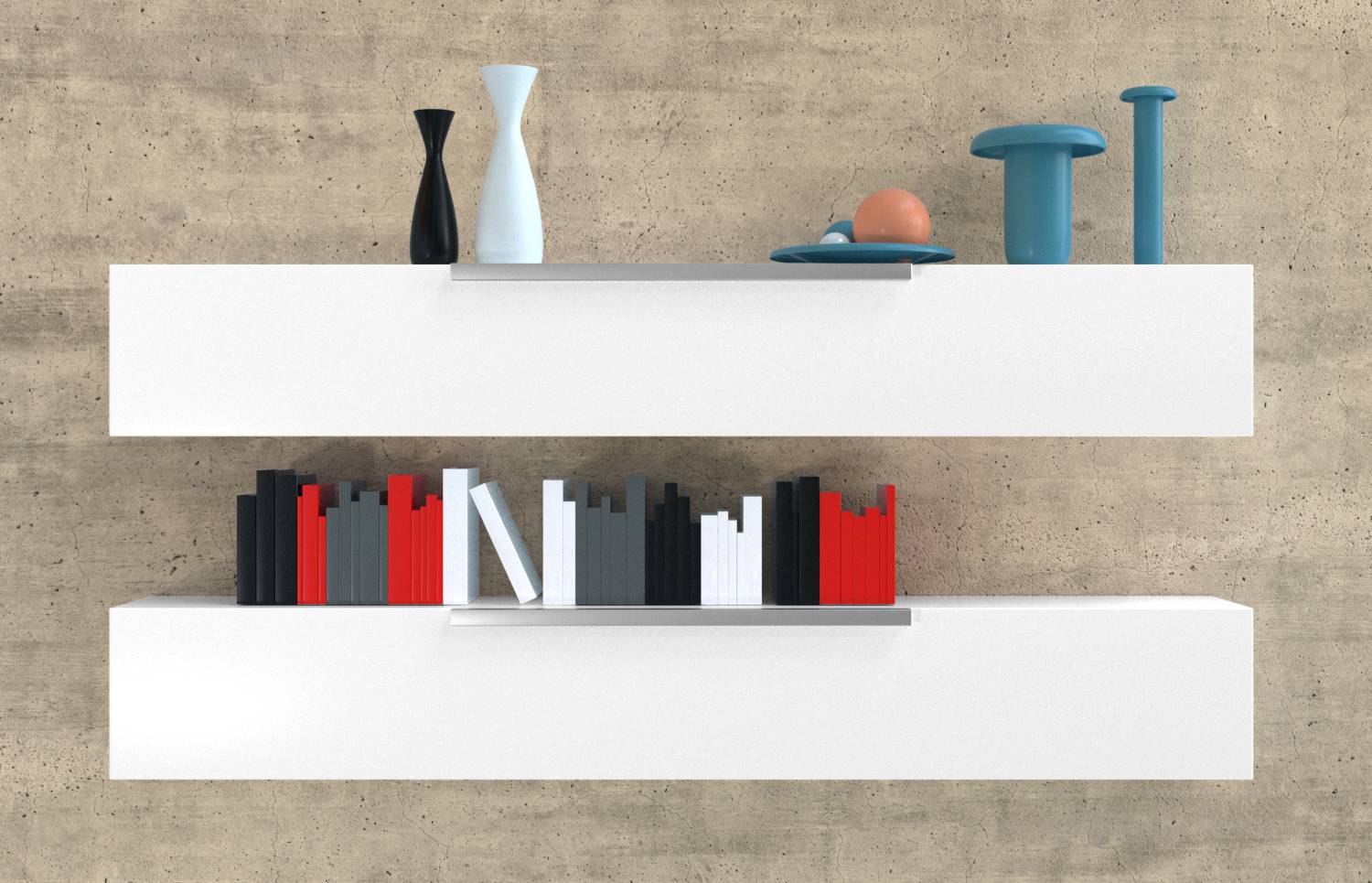 'Two white wall-mounted shelves against a concrete wall; top shelf holds assorted vases and a sphere, bottom shelf lined with red, black, and white books.'