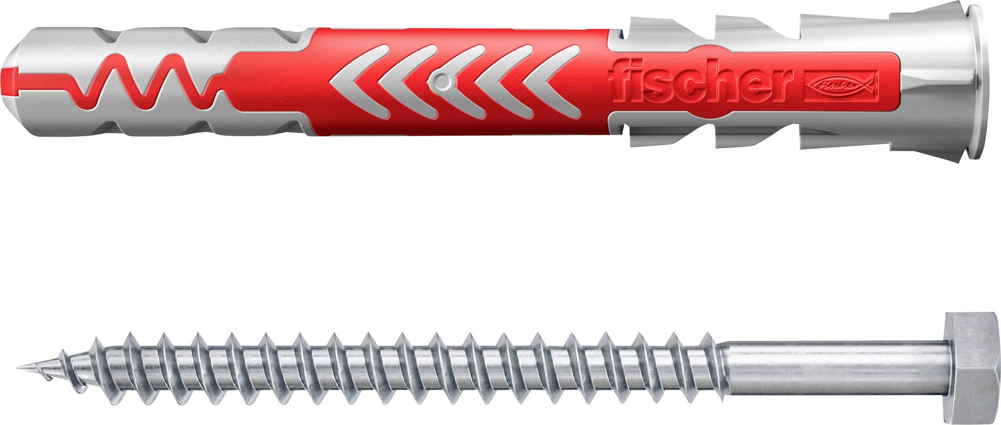 An expansion anchor with a zigzag design alongside a metal screw. Used for securely fastening objects to walls in construction.