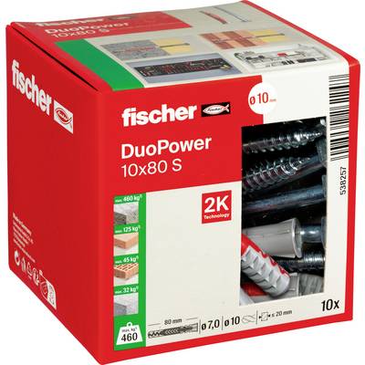 Box of Fischer DuoPower 10x80 S wall anchors, red packaging with product image, size 10 mm, 10-pack and 2K technology label.