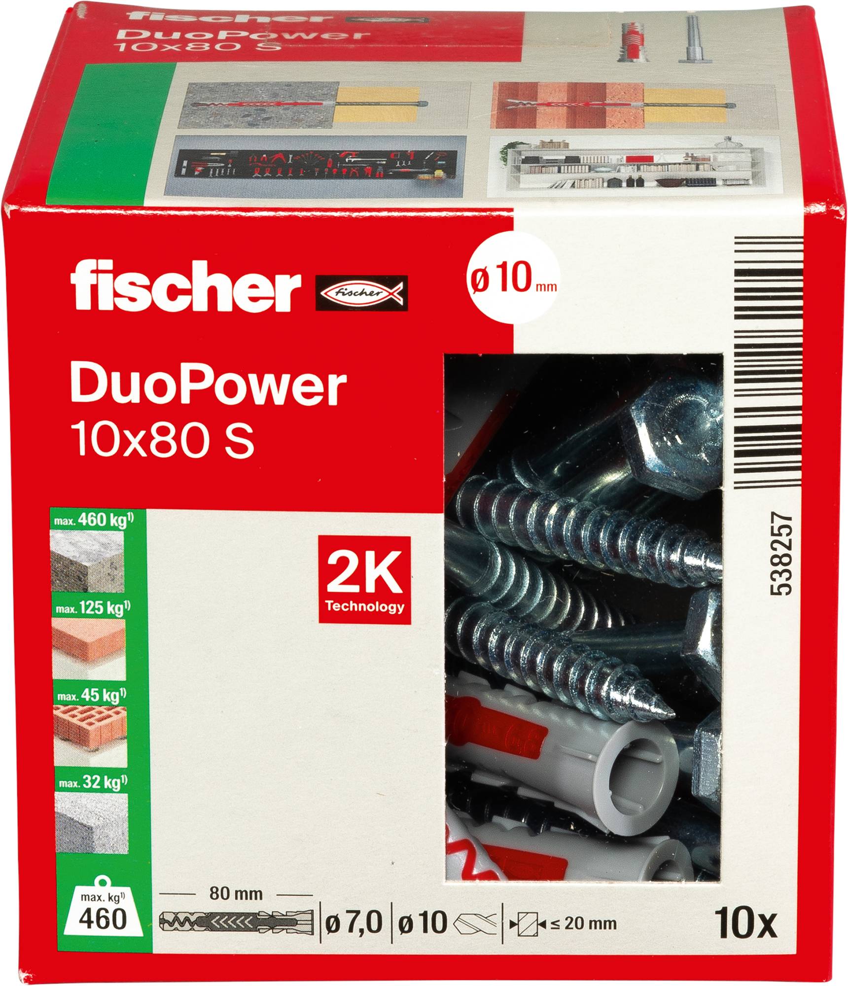 A package of Fischer DuoPower wall plugs, 10x80 S, featuring 10 plugs with 2K technology. Displays weight support icons for various materials.