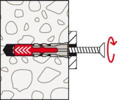 Diagram showing a wall anchor mechanism: a screw rotates to expand the red and black anchor in a wall, securing it in place.