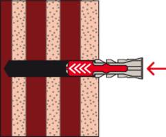 'Diagram demonstrating the installation of a wall anchor in striped material, with an arrow indicating insertion direction to the right.'
