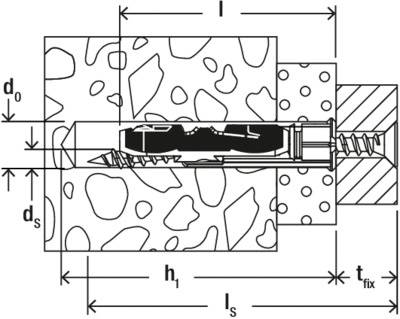 'Expansion anchor bolt diagram; reveals components including bolt, anchor, and materials with labeled dimensions d₀, dₛ, h₁, l, tfix, ls.'