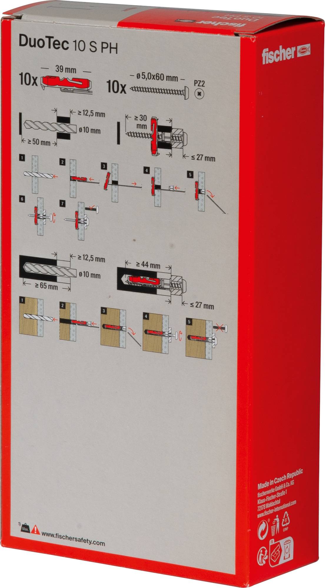 The image shows packaging for 'fischer DuoTec 10 S PH' wall anchors. Illustrations demonstrate installation steps for various wall thicknesses.