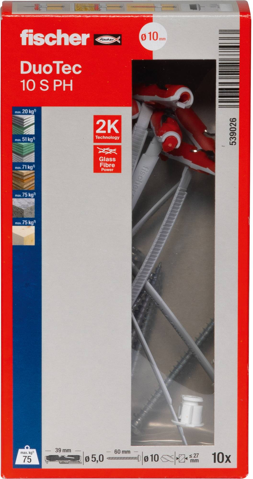 'Fischer DuoTec 10 S PH', a box containing wall anchors, 10 pieces. Shows product branding, weight capacities, and specifications.