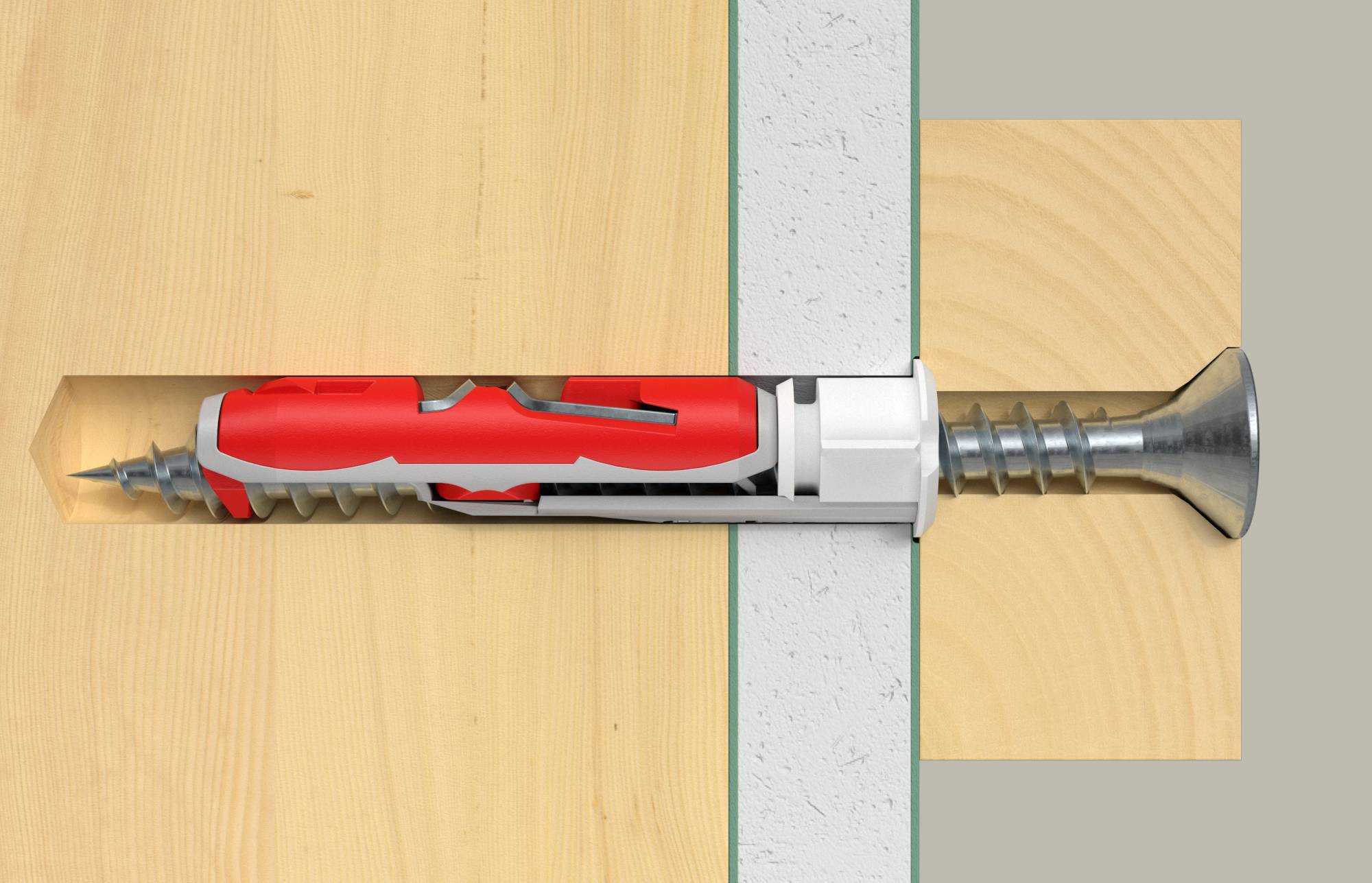 Cross-section of a screw anchor in a wall, showing how the anchor expands to grip the wooden board securely.