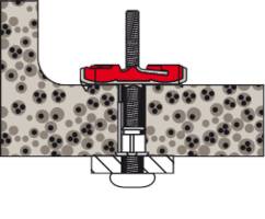 Cross-section diagram of a concrete wall anchor showing a bolt, washer, and expansion mechanism holding the anchor in place within the wall.