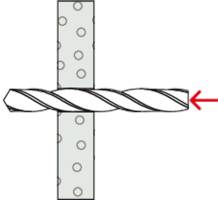 'A drill bit with a red arrow pointing to the right indicates the direction of movement through a perforated object.'
