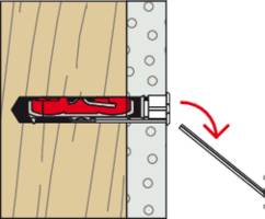 'Illustration of a wall anchor inserted into wood, secured by a screw. An arrow indicates the tightening of the screw to expand the anchor.'