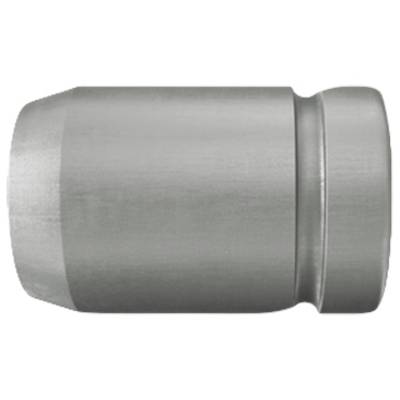 Close-up of a silver metal cylindrical cap or fitting with a flared end and narrow ring detail.<br>