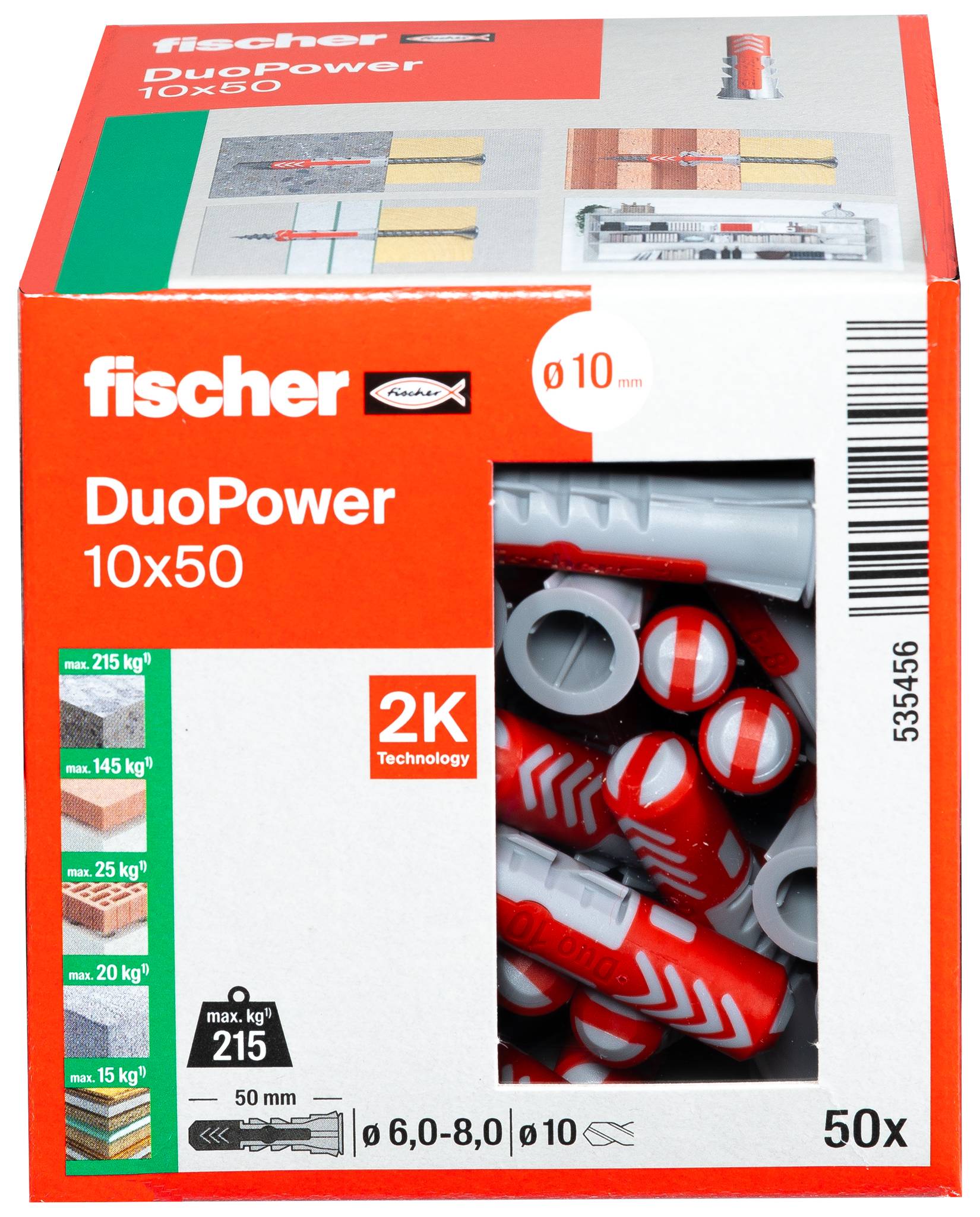 fischer DuoPower 10x50 wall plug box, showing 50 red and gray anchors for 10 mm holes, with load capacity up to 215 kg.<br>