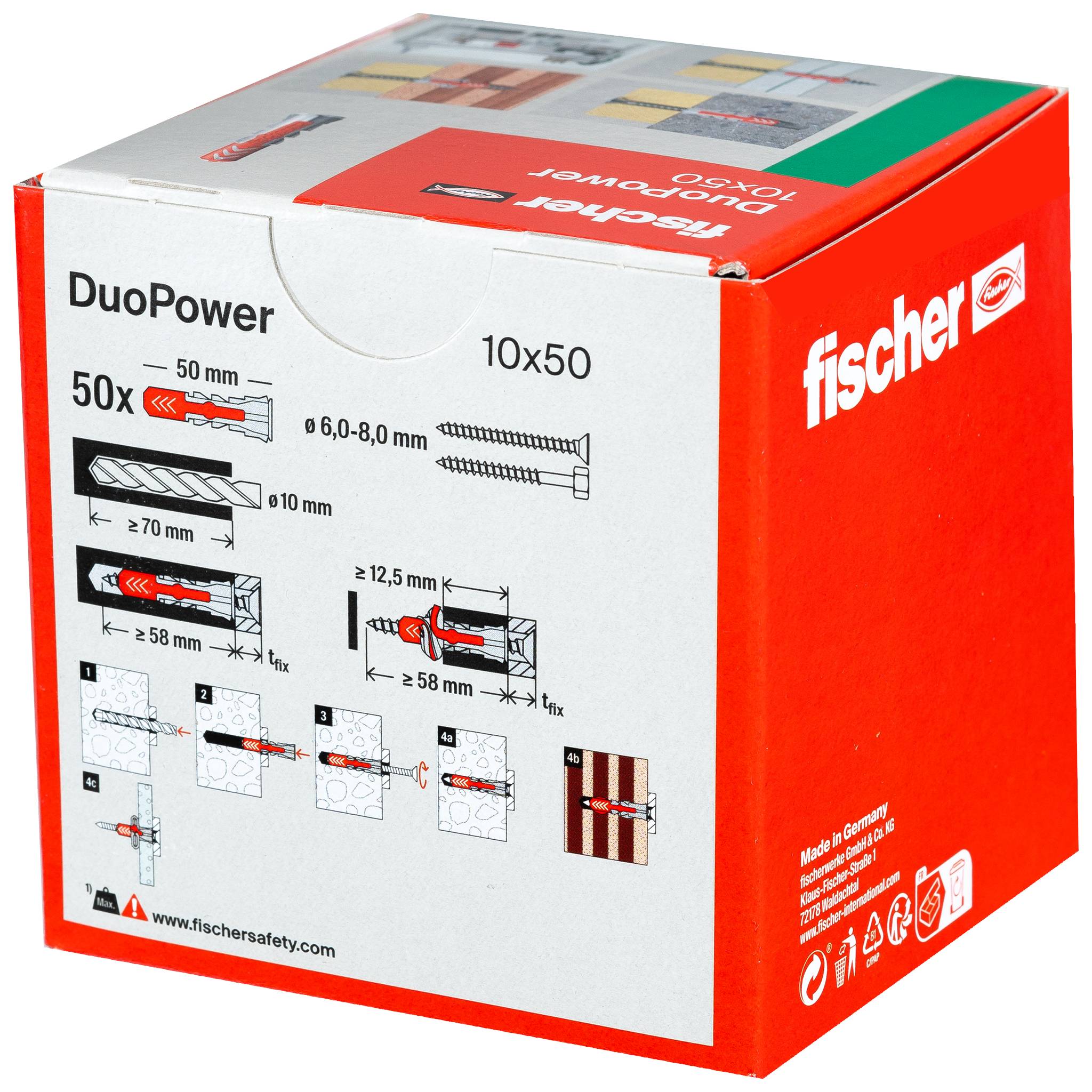 Red-and-white Fischer DuoPower 10x50 wall plug box with installation diagrams and dimensions printed on the front.