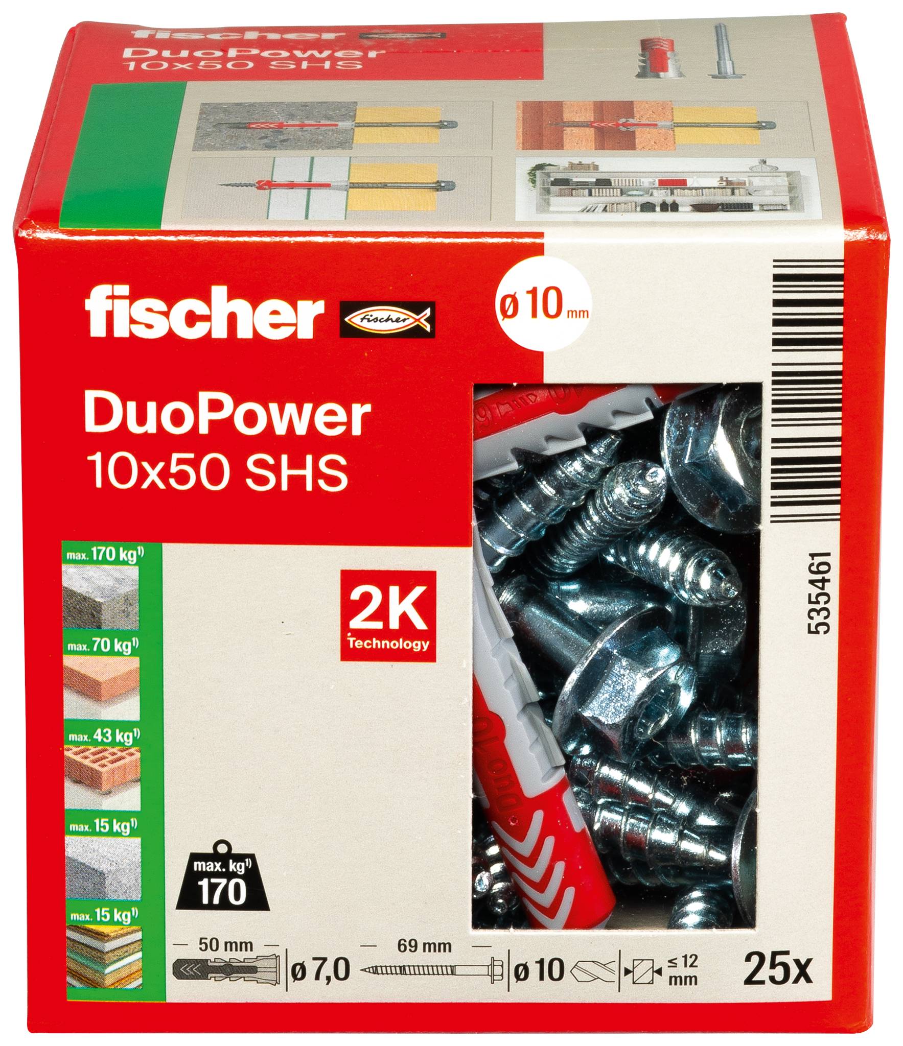 Box of fischer DuoPower 10x50 SHS wall plugs, showing a clear window with metal screws, 25 pieces, 10 mm diameter, 170 kg load rating.