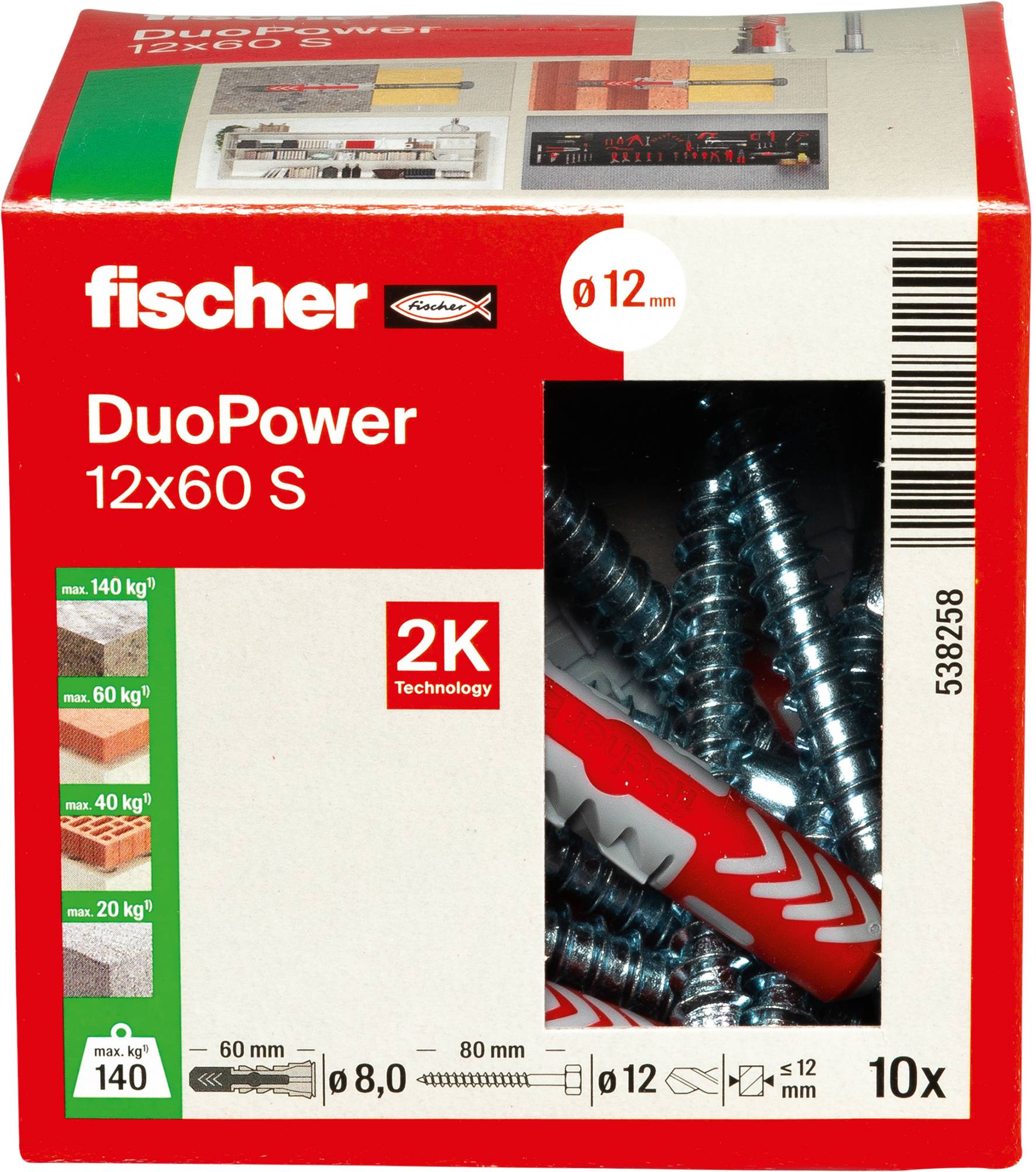 'Fischer DuoPower 12x60 S' packaging displaying dual plastic and metal plugs for versatile wall mounting; contains 10 pieces.