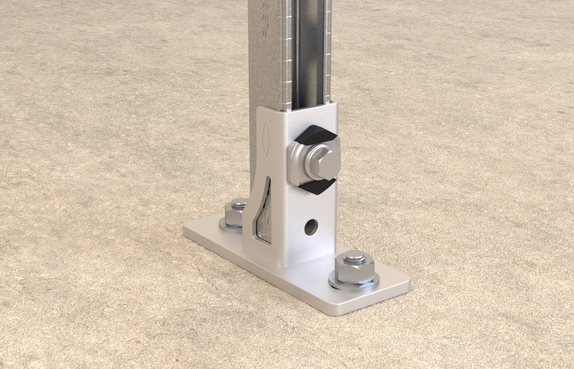 Close-up of a metal post anchored to a base plate with bolts and a side clamp on a concrete floor.