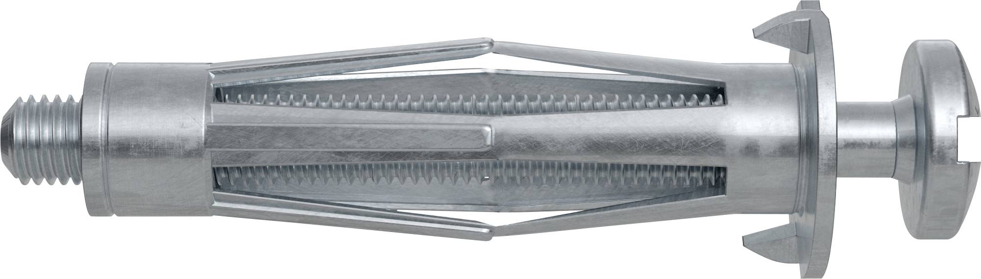 Metal wall anchor with a threaded bolt, expansion sleeve, and flange, used to secure objects into masonry or drywall.<br>