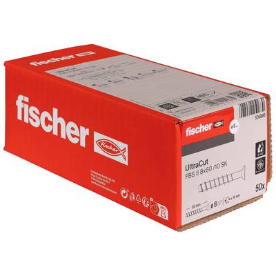 Red Fischer UltraCut box of 50 concrete screws, labeled FBS II 8x60/10 SK, shown on a white background.