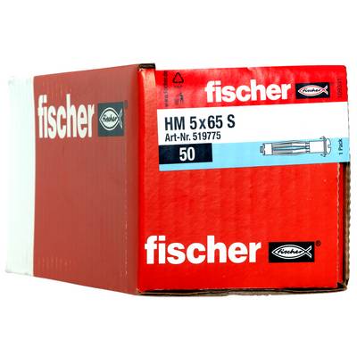 Red Fischer product box labeled 'HM 5x65 S' and '50', with brand logo and a small wall anchor illustration on the front.