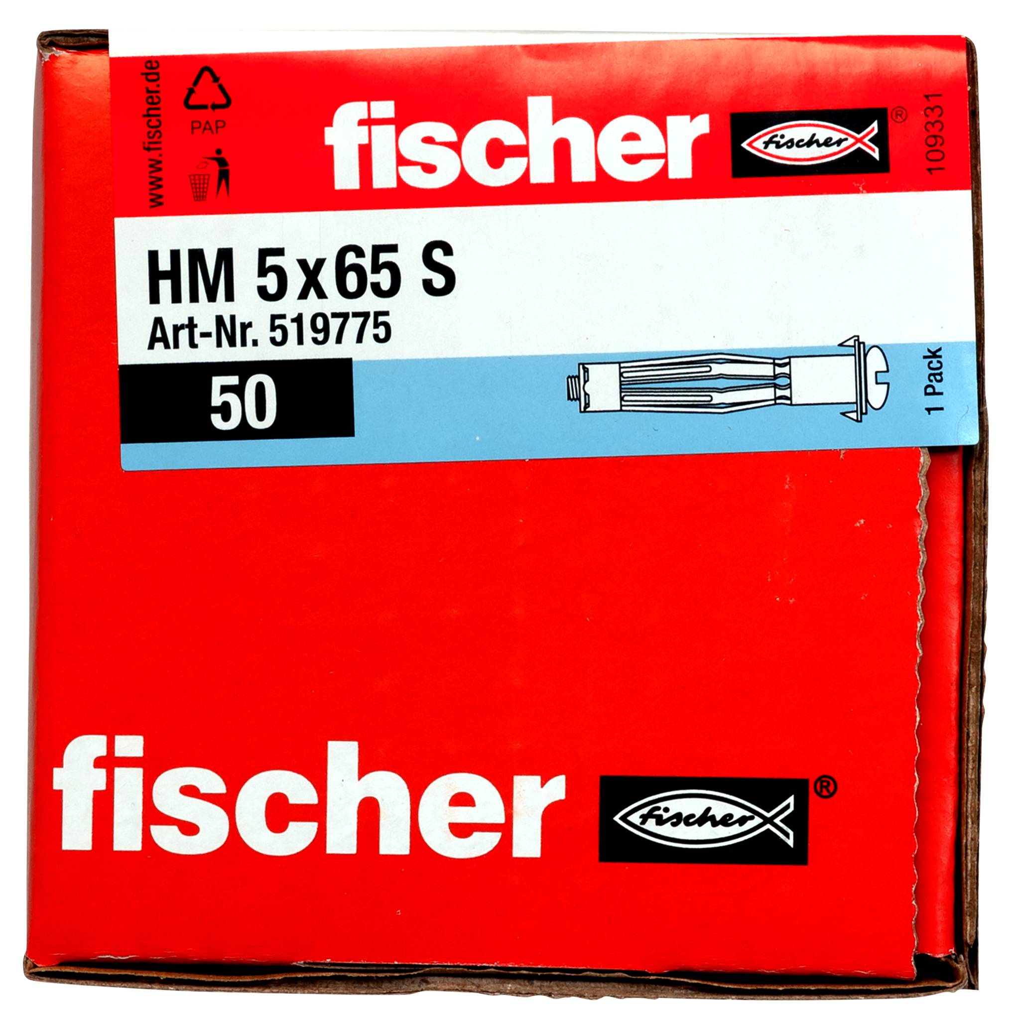 Red Fischer package of HM 5x65 S wall anchors, labeled Art.-Nr. 519775 and quantity 50.