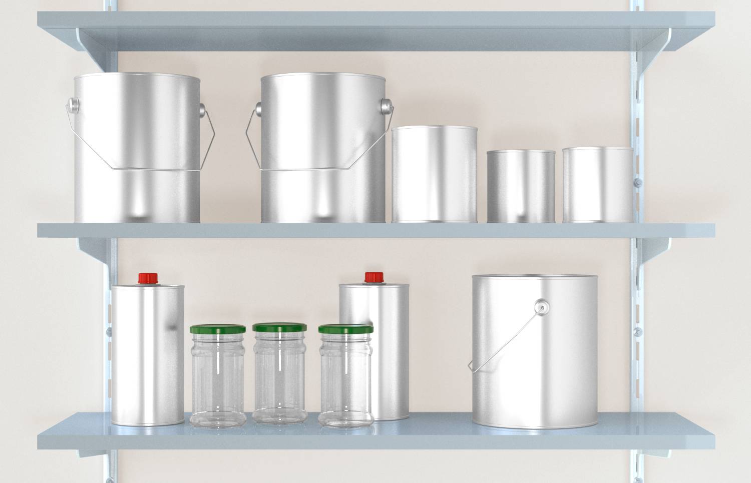 Shelves with assorted silver metal cans and small glass jars with green lids, neatly arranged in a storage area.