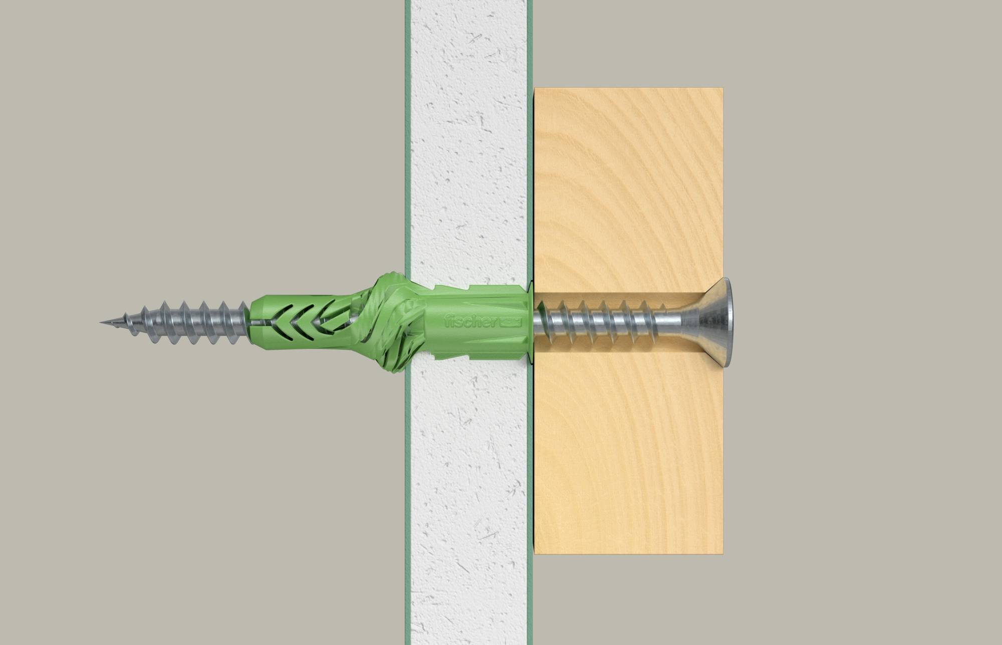 Cross-section illustration of a screw fastening a wooden board to a wall stud or partition, showing the screw passing through the wood into the structure behind.