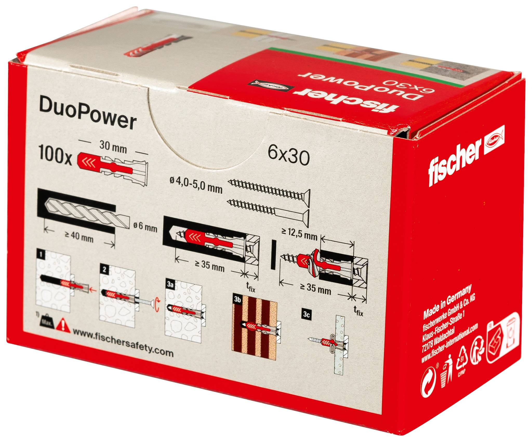 Red Fischer DuoPower box of 100 wall plugs, size 6x30, with installation diagrams printed on the front.