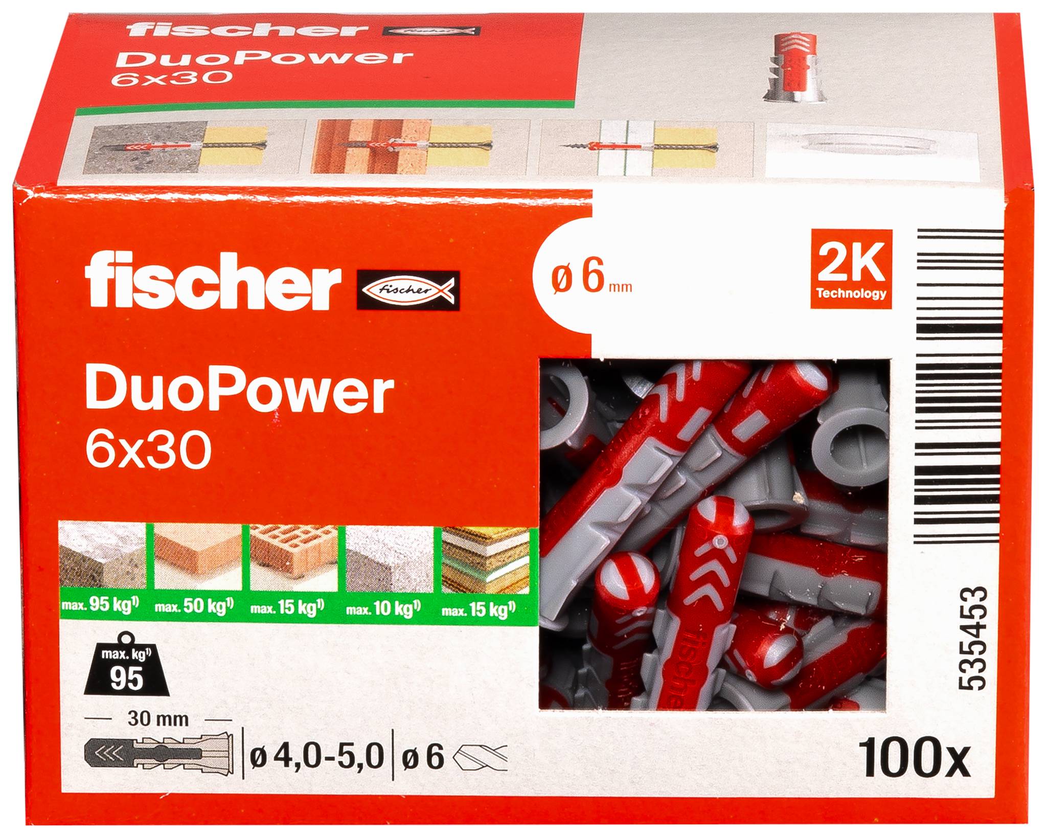 Fischer DuoPower 6x30 wall plug package, showing '2K Technology', 'ø 6 mm', and '100x' quantity.