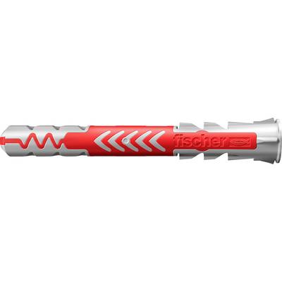 A red and gray wall plug with chevron patterns and the brand name 'fischer' embossed on the side. Designed for secure fastening in walls.