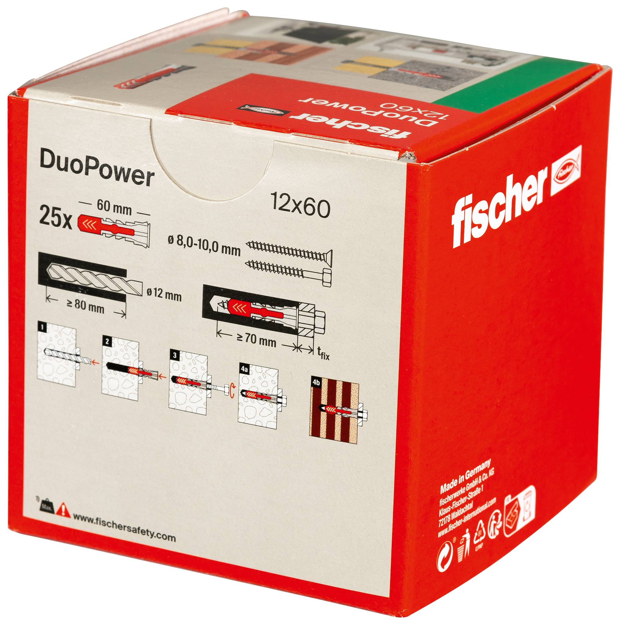 Red Fischer DuoPower wall anchor box showing 25x 8x60 mm and 12x60 fasteners with installation diagrams.