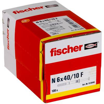 Red and white Fischer box of N 6x40/10 F wall anchors, labeled 100 x, with product image and article number 513840.