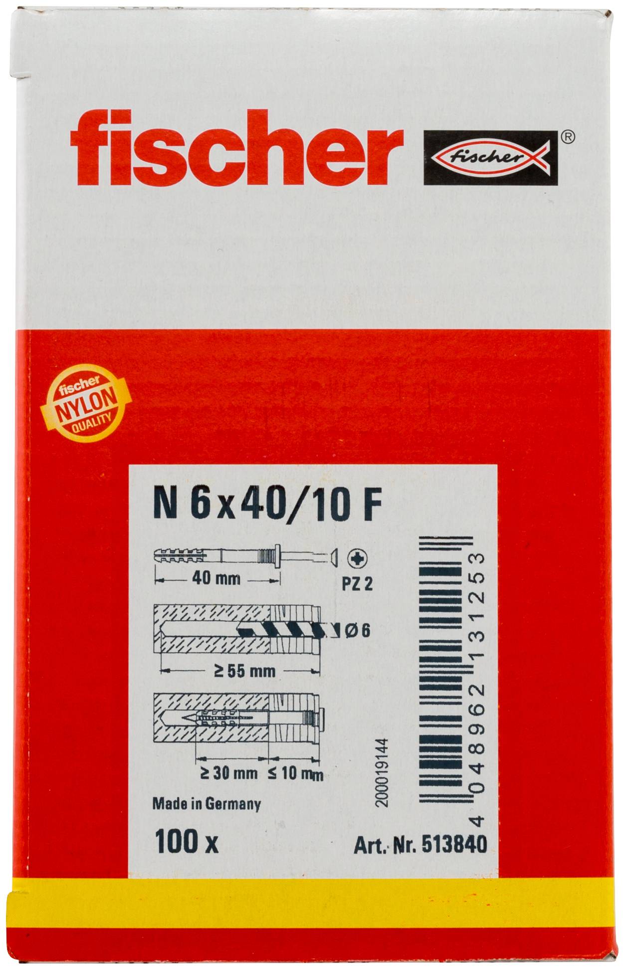Box of Fischer nylon wall plugs, labeled 'N 6x40/10 F', 100 pieces, with size and installation diagram.