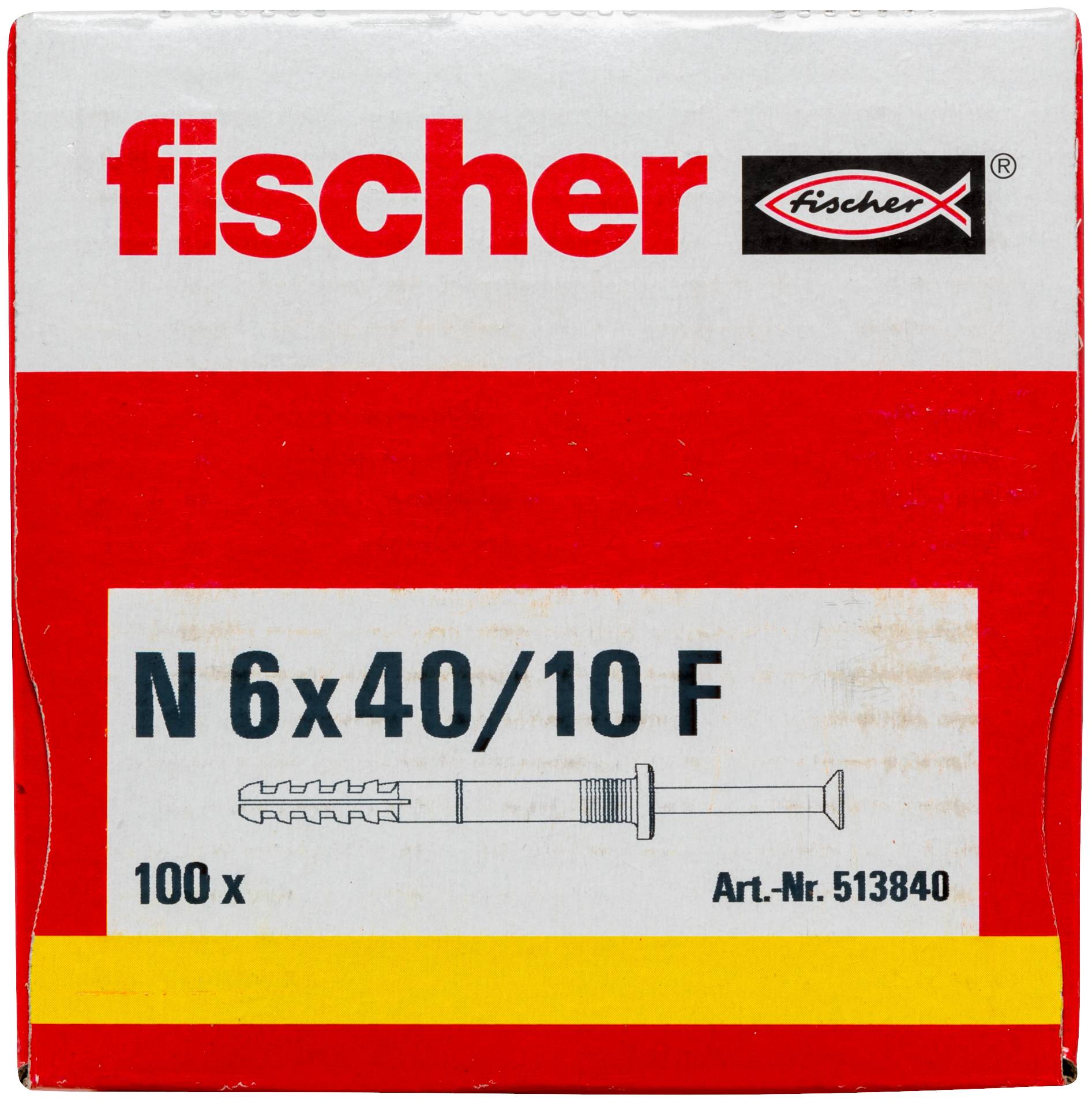 Product box for Fischer N 6x40/10 F wall plugs, labeled '100 x' and 'Art.-Nr. 513840', in red, white, and yellow packaging.