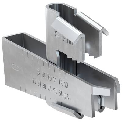 Metal adjustable cable clamp with engraved millimeter scale, shown open to fit different cable sizes.<br>