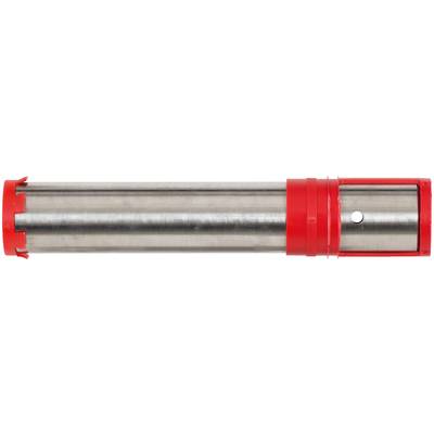 A close-up of a metal cylindrical tool with a red plastic cap and red collar on one end.