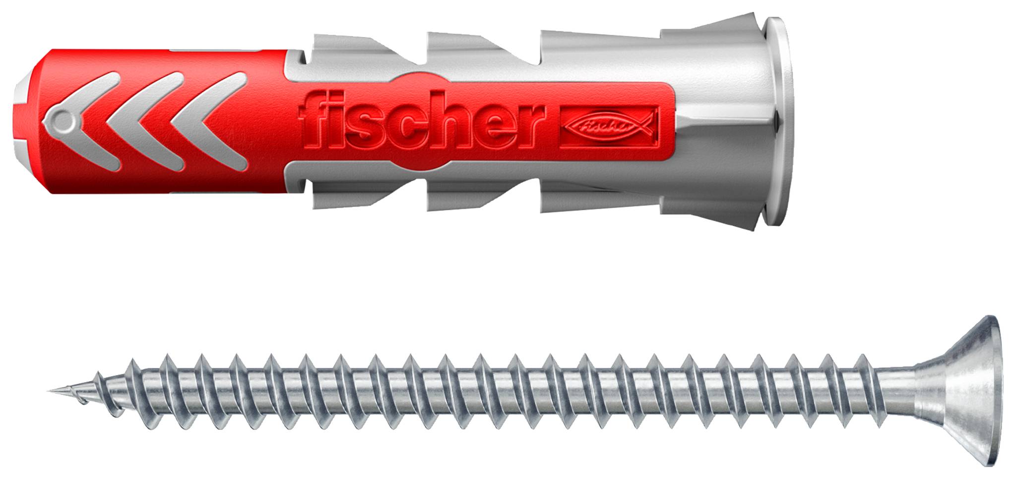 Illustration of a red plastic wall anchor above a silver screw, showing matching fastening parts for mounting in a wall.