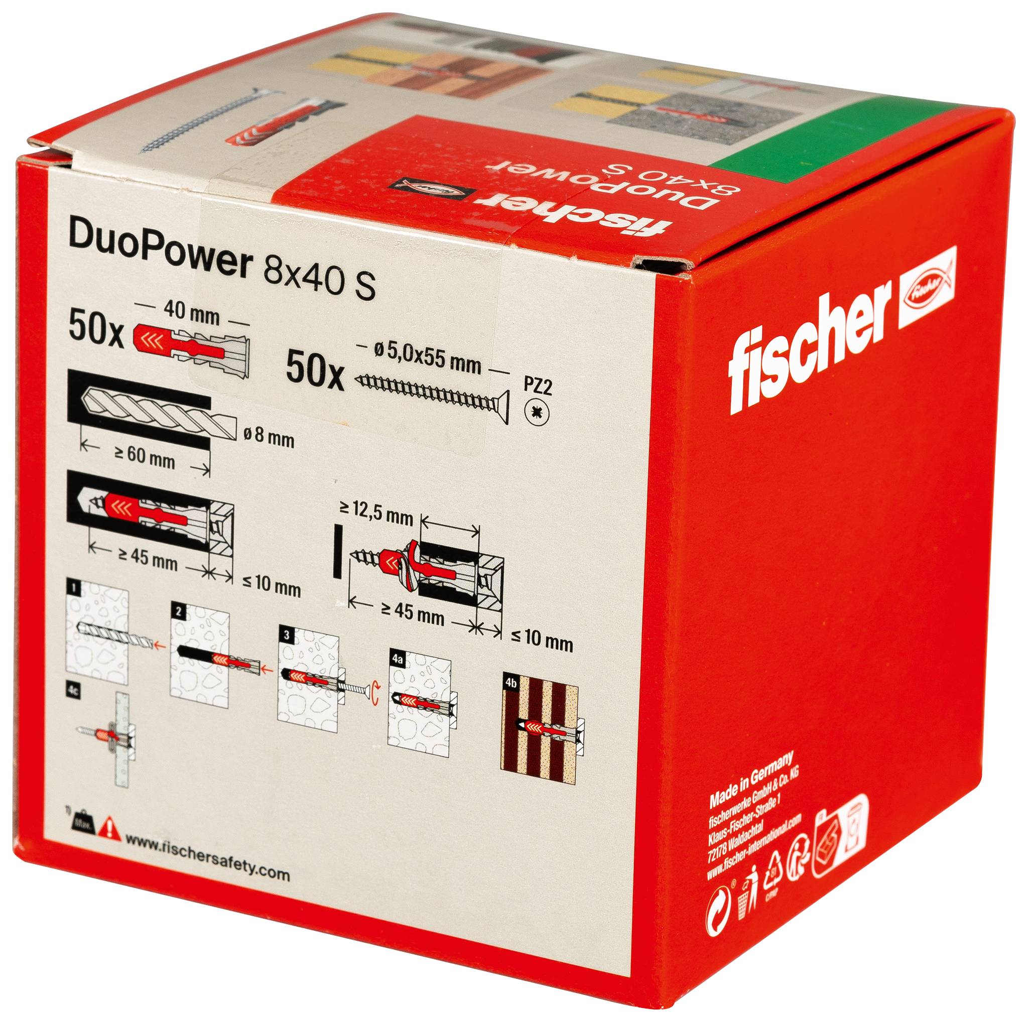 Red Fischer DuoPower 8x40 S box showing wall plug and screw quantities, drill and installation diagrams, and product branding.<br>