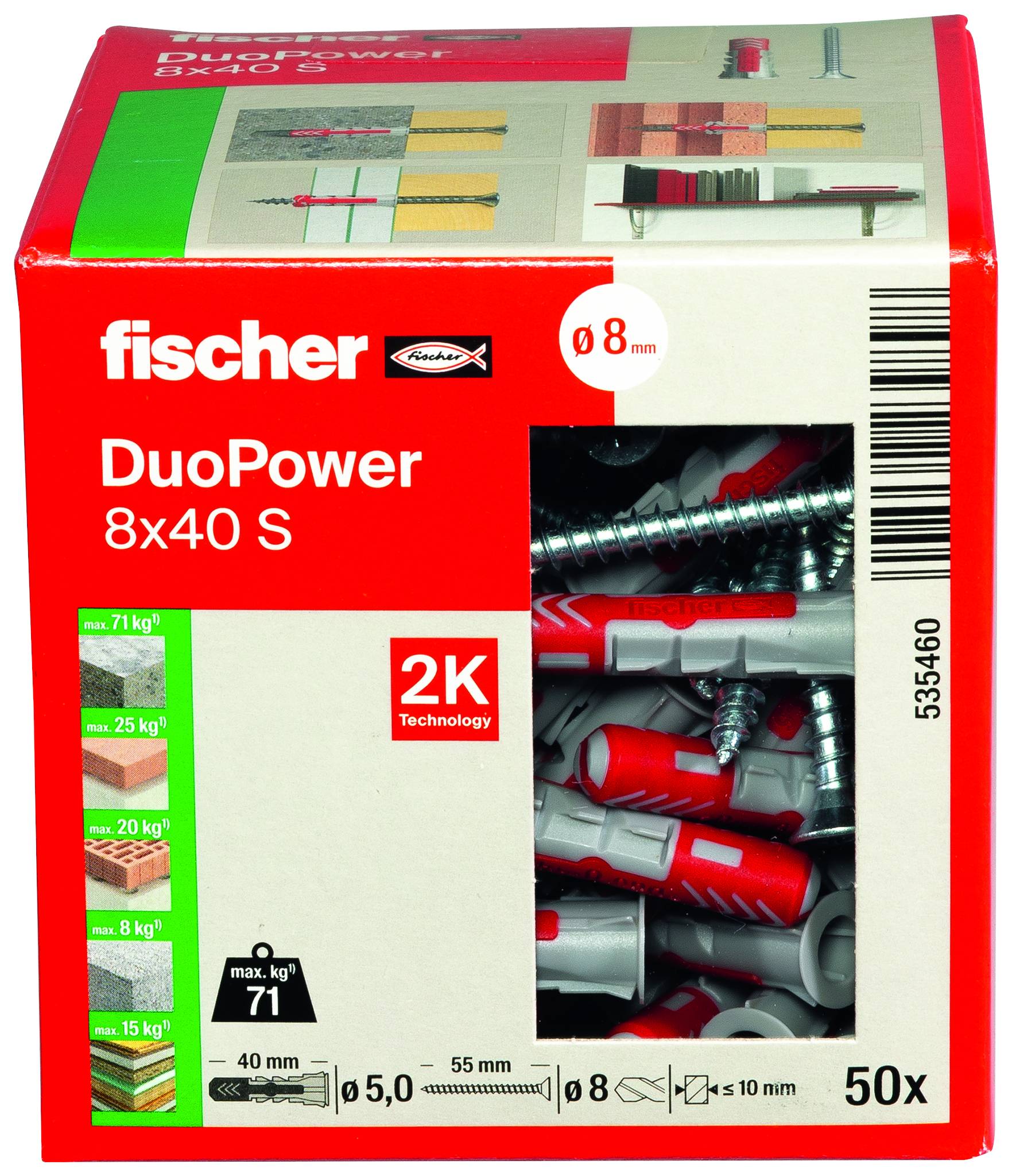 Box of Fischer DuoPower 8x40 S wall anchors, showing screw-and-plug installation with 50 pieces and 8 mm drill size.