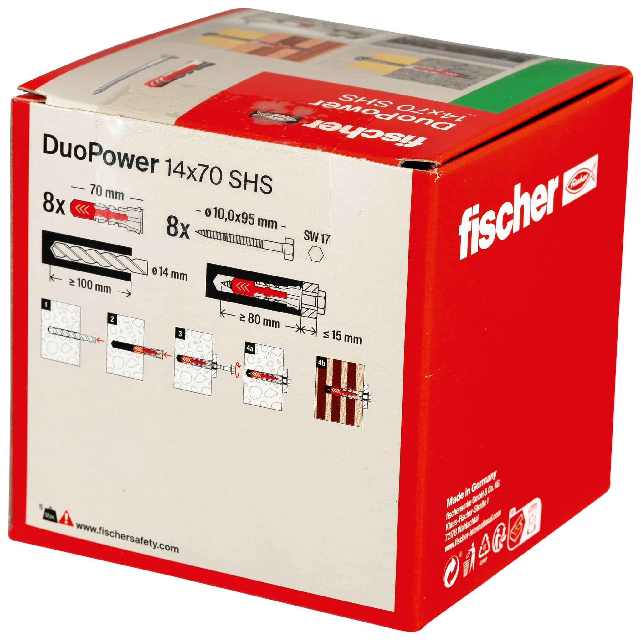 Red Fischer DuoPower 14x70 SHS wall anchor box with installation diagrams and fischer logo.