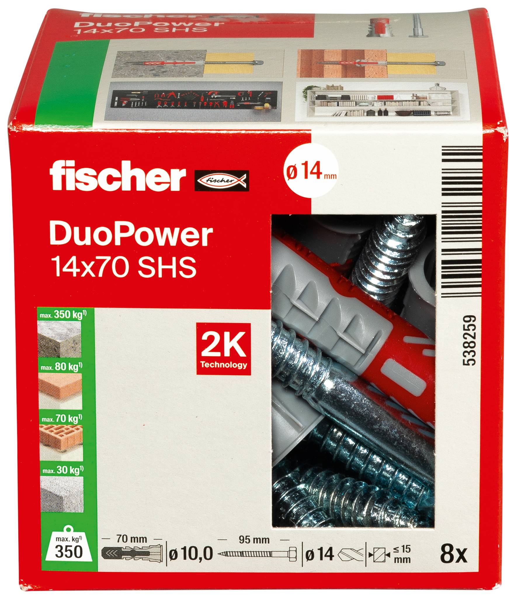 Red fischer DuoPower 14x70 SHS wall anchor packaging showing 8 anchors, 14 mm diameter, 350 kg load rating, and 2K technology.
