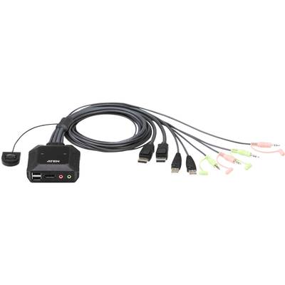 A KVM switch with multiple cables and ports. Contains HDMI, USB, and audio connectors. Used for connecting computers to a single monitor and peripheral devices.