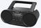 Black portable Sony cassette recorder with two speakers and CD player, control buttons and carrying handle.