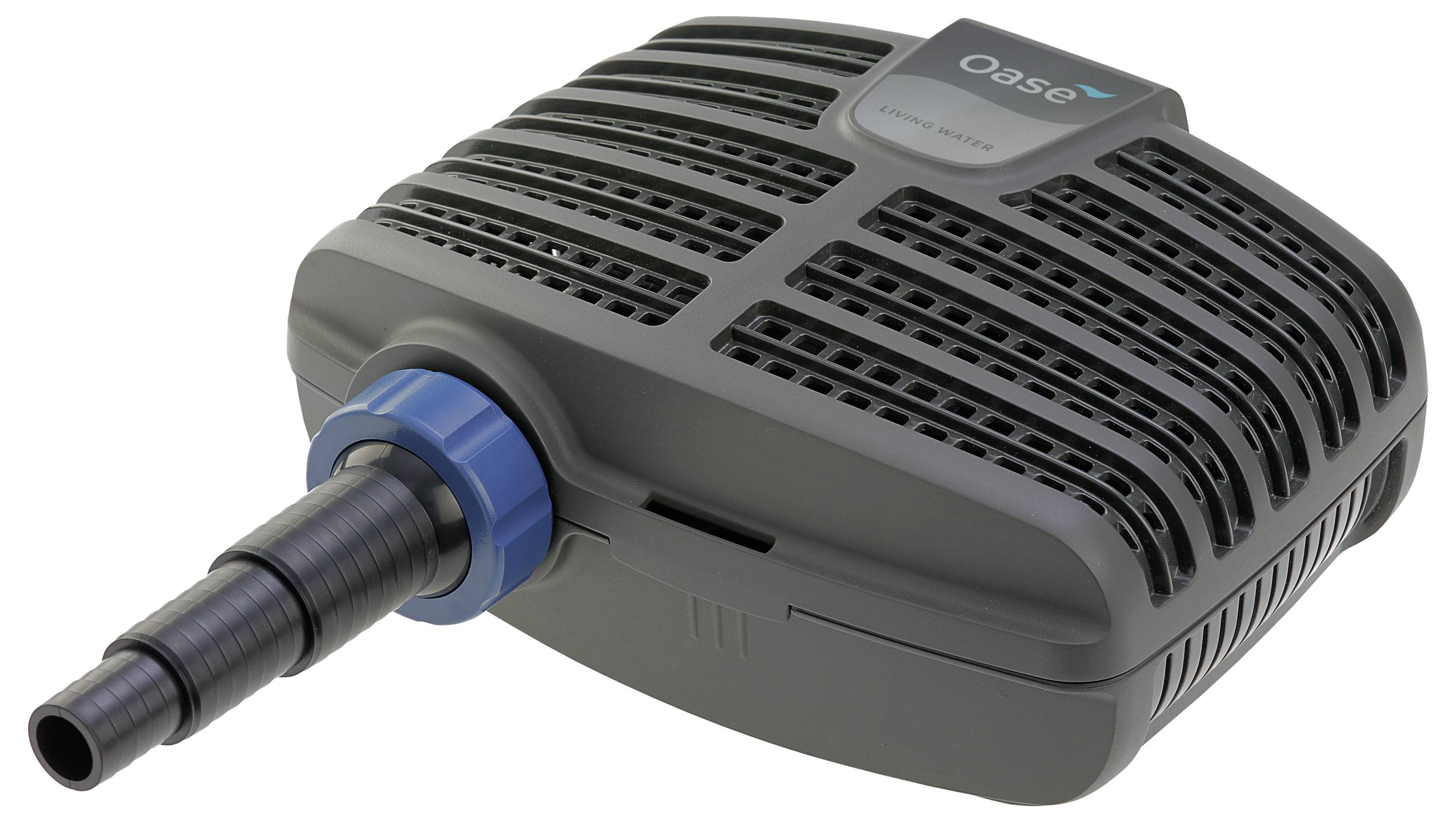'Oase' water pump with a durable plastic casing and a blue nozzle for efficient pond water filtration.