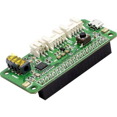 A green electronic circuit board with various connectors, a USB port, and a small black button on the surface.