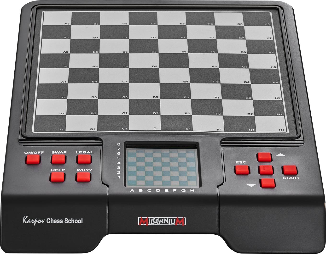 Electronic chess board with digital display and red buttons. Brand name 'Millennium' at the bottom. Chess pieces not shown.