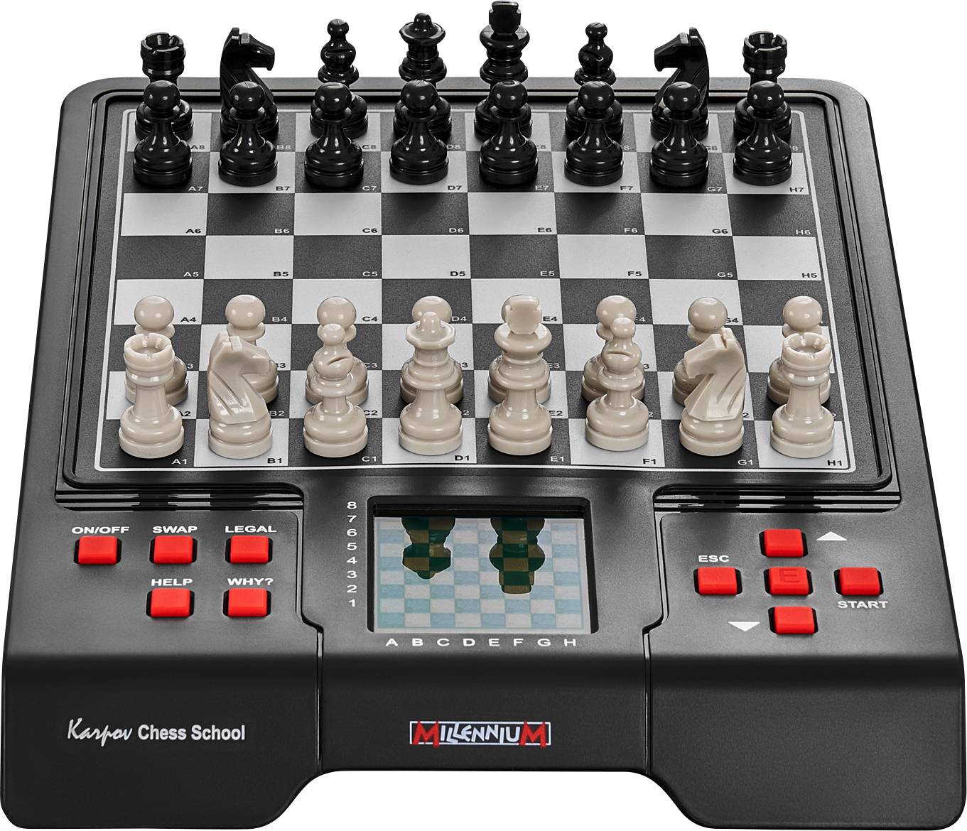 Electronic chess board with pieces and LED display. Buttons for game control. Chess school 'Karpov' function.