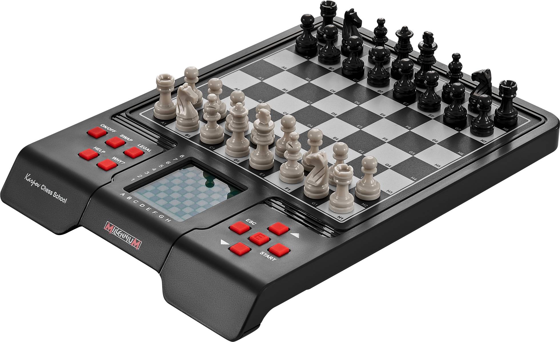 Electronic chessboard with two sets of pieces, integrated display, and control buttons.